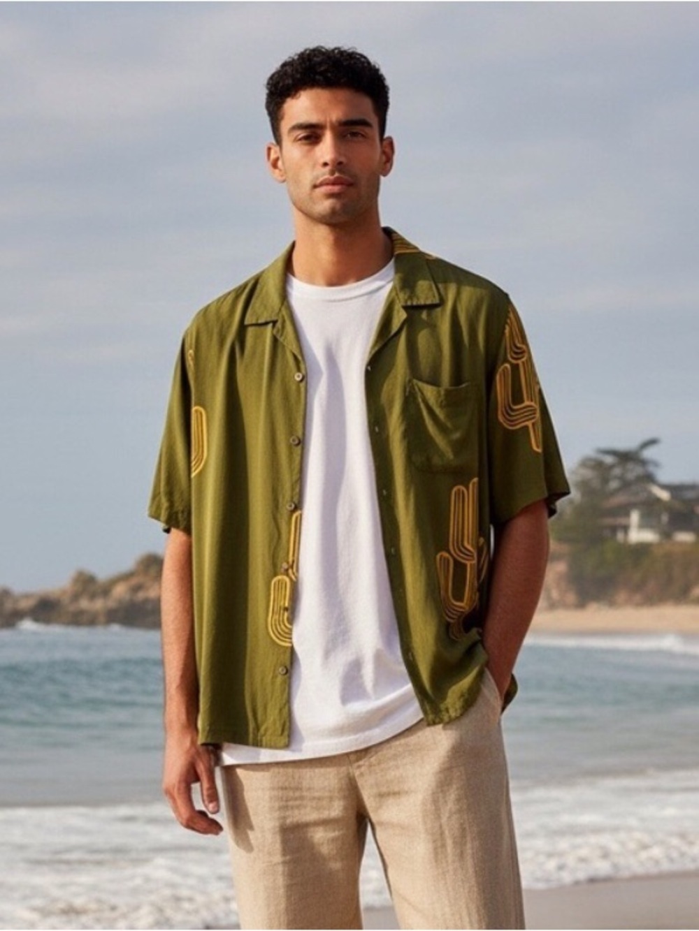 Molokai Surf Co. Men’s Button Down Shirt Olive Green/Mustard Cactus Size-XXL GUC